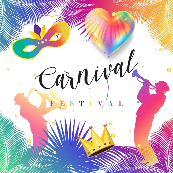 Carnaval, Festival de Música, Cartel de máscaras, diseño de invitaciones. Diseño con confeti, músicos, carnaval máscara veneciana, corona, flor de lis símbolos. Palmera deja exótica decoración del marco. Ilustración vectorial — Archivo Imágenes Vectoriales