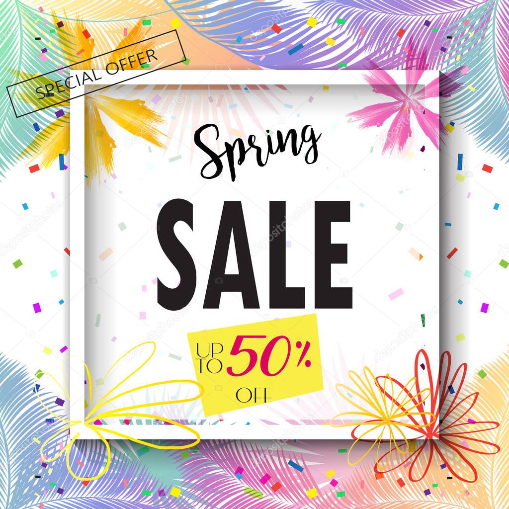 Spring Sale discount special offer lettering poster. Marketing, shopping card design. Vector illustration with hand drawn flowers and confetti.