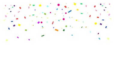 Parlak konfeti dekorasyon karnaval, Müzik Festivali, maskeli balo poster, davetiye tasarım için. Renkli şeffaf arka plan ile tasarlayın. Vektör çizim, Mardi Gras karnavalı, sokak Festivali reklam. Karnaval dekorasyon parıldıyor