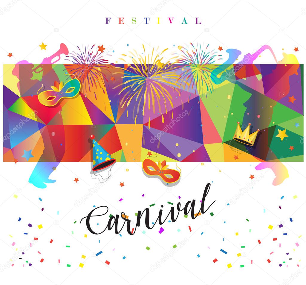 Carnival, Music Festival, Masquerade poster, invitation design. Design with confetti, musicians, carnival venetian mask, crown, fleur de lis symbols