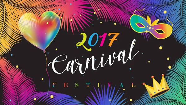 カーニバル祭、仮面舞踏会ポスター、招待状のデザイン。休日の紙吹雪、ミュージシャン、ベニスのカーニバルのマスク デザイン、ヤシの木を残します。マルディグラのカーニバル パレード通り祭広告。カーニバルの装飾、ブラジルのカーニバル 2017 — ストックベクタ