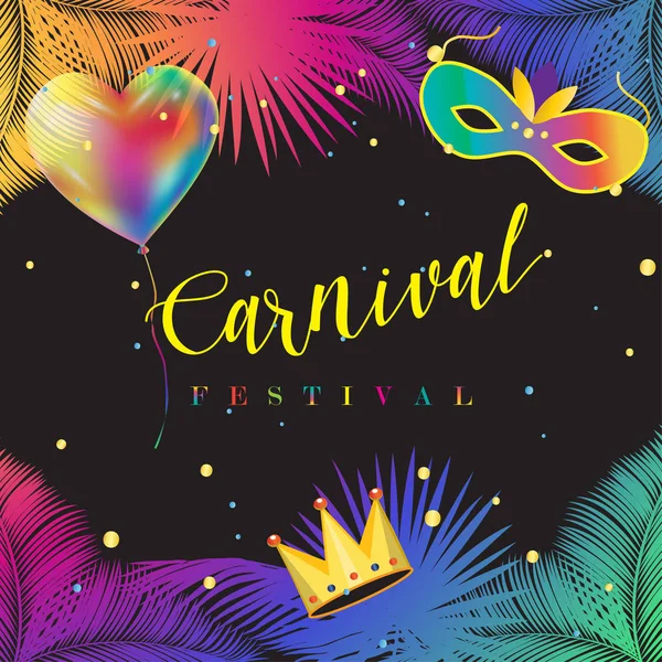 Festival de Carnaval, cartaz de máscaras, design de convites. Design de férias com confete, músicos, máscara de carnaval veneziano, folhas de palmeira. Desfile de carnaval de Mardi Gras, publicidade do Festival de Rua. Decoração de Carnaval, Carnaval Brasileiro 2017 — Vetor de Stock