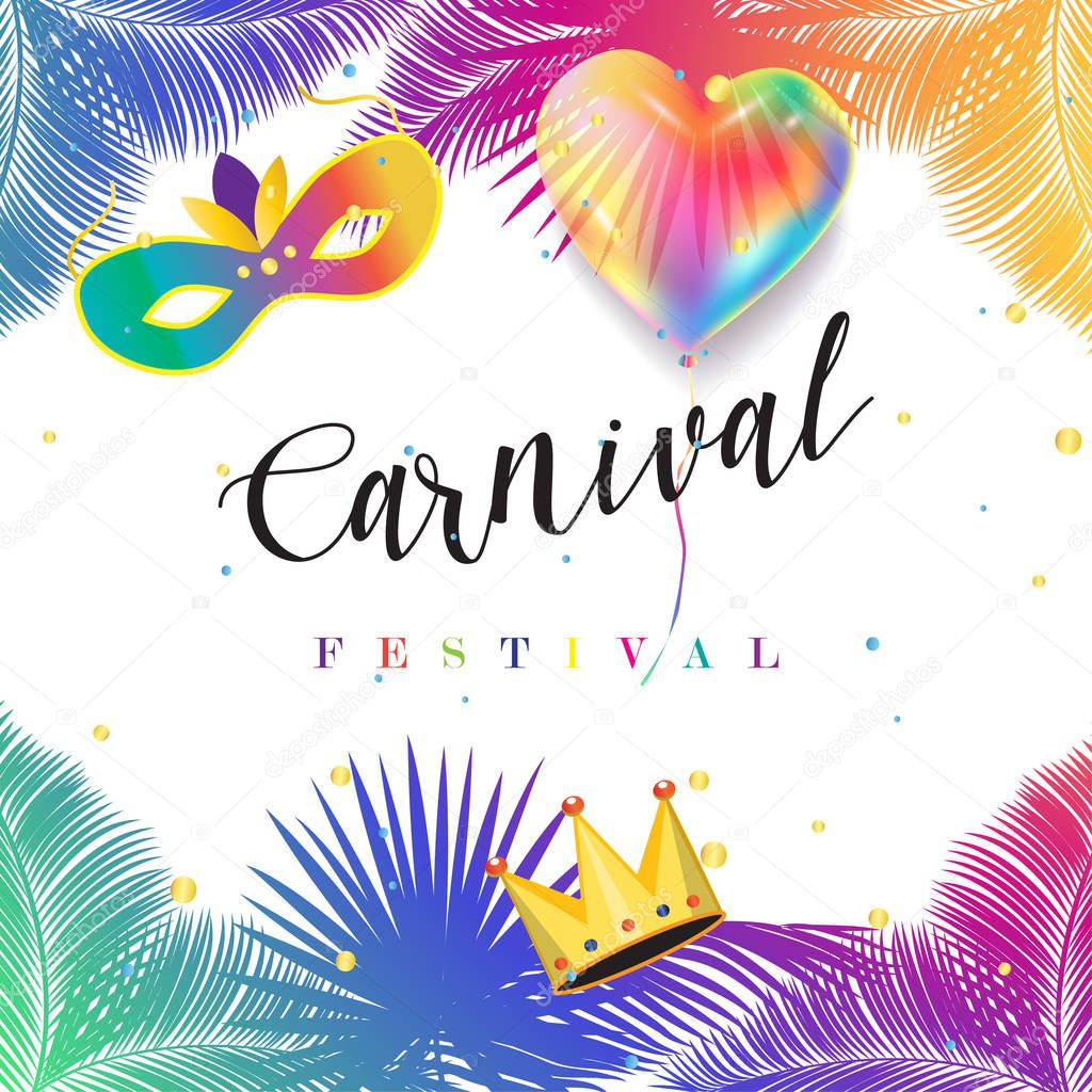 Carnival Festival, Masquerade poster, invitation design. Holiday Design with confetti, musicians, Venetian carnival mask, palm tree leaves. Mardi Gras carnival parade, Street Festival advertising. Carnival Decoration, Brazilian Carnival 2017