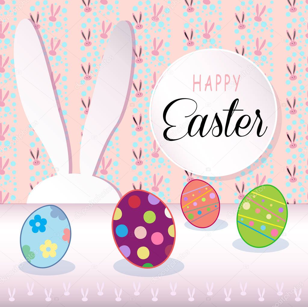 Happy Easter Holiday, Easter Rabbit and Easter eggs, ribbon, Easter Bunny. Greeting card background. Cute Rabbit Flat. Vector Illustration, modern style. For Art Print Fashion, Web design Decoration, placard, Web banner, flyer, advertising, marketing