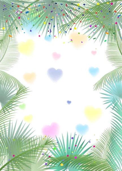 Folhas de palmeira tropicais, confete, cartaz festivo. Confete colorido, corações desfocados, brilhos brilhantes, moldura de folhas de palmeira. Ilustração vetorial. Palmeira exótica folhas moldura no fundo branco. Decoração de férias —  Vetores de Stock