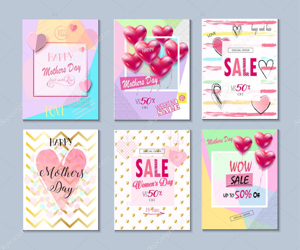 Happy Mothers Day collection. Set of Valentine's day, Mothers Day card, sale and web banners flyers templates with lettering, hearts, balloons. Typography poster, label, brochure banner design collection. Love, Romance promotion