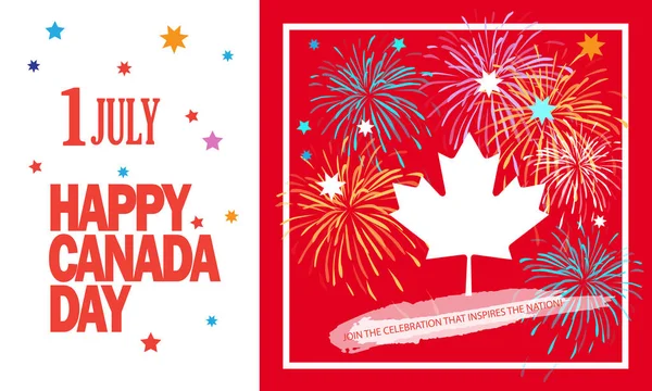 Bonne fête du Canada ! Carte de souhaits, affiche, pancarte, avec logo en érable, couleur rouge du drapeau canadien. Feu d'artifice Canada bannière de jour, vacances, célébration, modèle d'illustration vectorielle . — Image vectorielle
