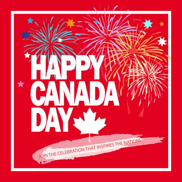 Bonne fête du Canada ! Carte de souhaits, affiche, pancarte, avec logo Érable feu d'artifice, couleur rouge du drapeau canadien. Bannière de la fête du Canada, Fête, célébration, modèle d'illustration vectorielle . — Image vectorielle