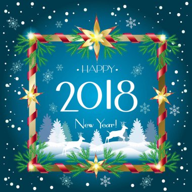 Mutlu Noeller ve yeni yıl Victoria çerçeve köknar ağacı, Ren geyiği, kar manzara, konfeti ve sihirli arka plan üzerinde kar taneleri. Vintage tasarım şablonu. Vektör çizim tebrik kartı, afiş, el ilanı, hediye kartı. 2018