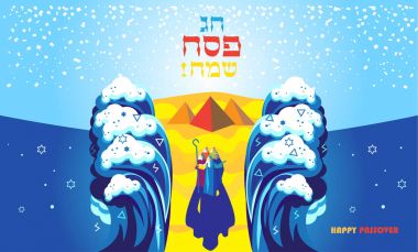 Happy Passover Jewish Holiday background, Vector illustration with Moses, sea waves, sky, Egyptian pyramids. Israel. Futuristic style clipart
