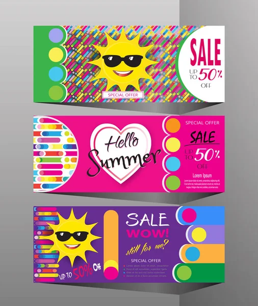 Venta de verano fondo diseño banners collection.voucher, folleto, descuento de venta. Patrón dinámico abstracto. Plantilla de ilustración vectorial. Fondo tropical con hojas de palmera, corazones, precio de etiqueta. Lettering, día soleado Tarjeta de regalo de vacaciones Web Marketing — Archivo Imágenes Vectoriales