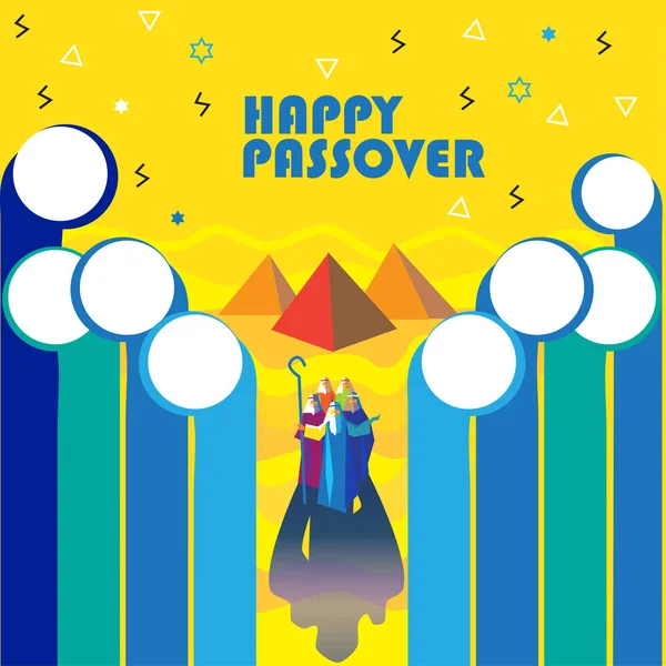 Happy Pesach Joods vakantie achtergrond, vectorillustratie met Mozes, golven van de zee, de lucht, de Egyptische piramiden. Israël. Futuristische stijl — Stockvector