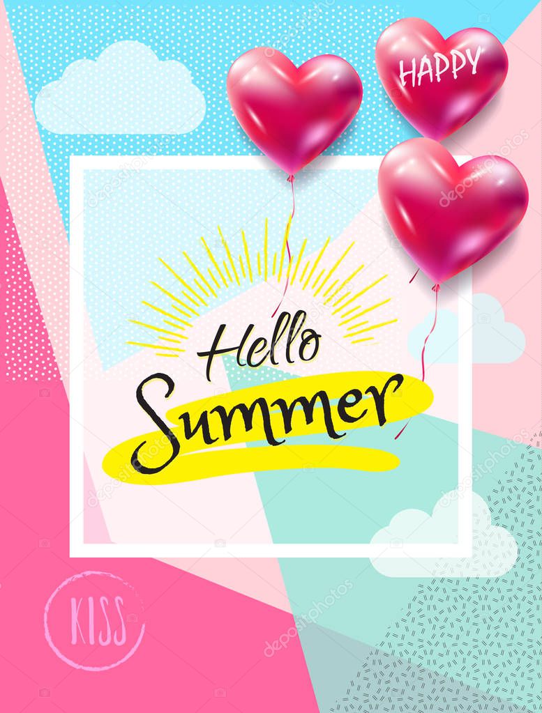 Summer beautiful background layout banners, voucher, flyer, invitation. Summer Holiday Vector illustration template. Tropical background with 3D hearts balloons, abstract background. Lettering, sunny day, Holiday gift card.