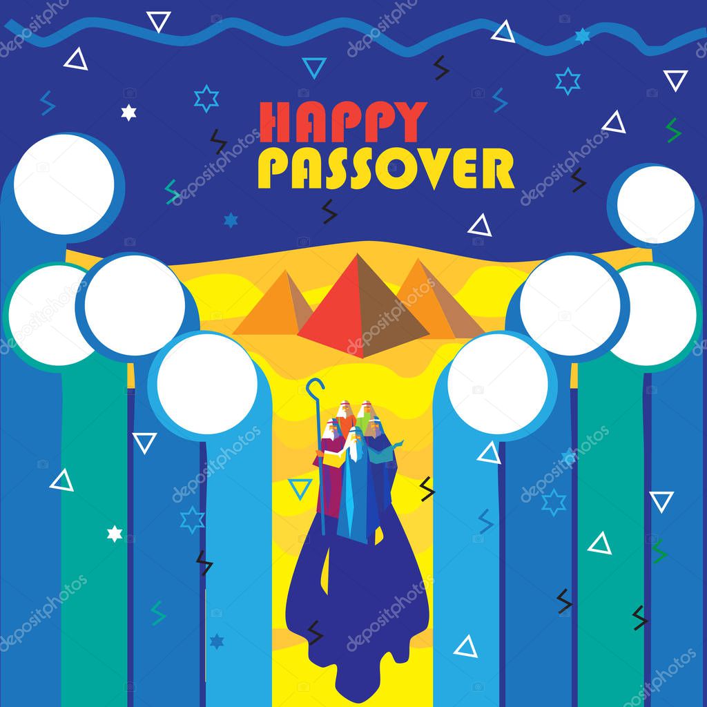 Happy Passover Jewish Holiday background, Vector illustration with Moses, sea waves, sky, Egyptian pyramids. Israel. Futuristic style