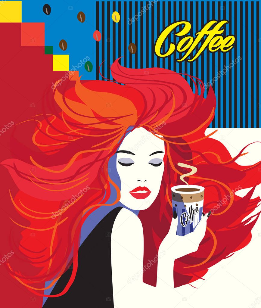 Beautiful Woman drinking coffee cup Art modern background, logo, menu, concept template Advertising design Futuristic style banner poster wallpaper. Beautiful girl, coffee beans, tea, breakfast cappuccino. Coffee cup beans. Vector illustration Poster