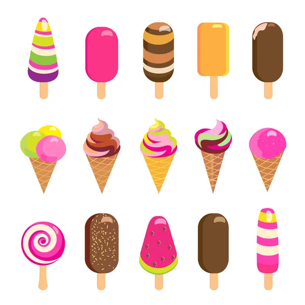 Tasty colorful ice cream set. Set of colorful tasty isolated ice cream. Vector icons ice cream cones and popsicle with different topping. Sweet dessert menu elements. Ice cream background — Stock Vector