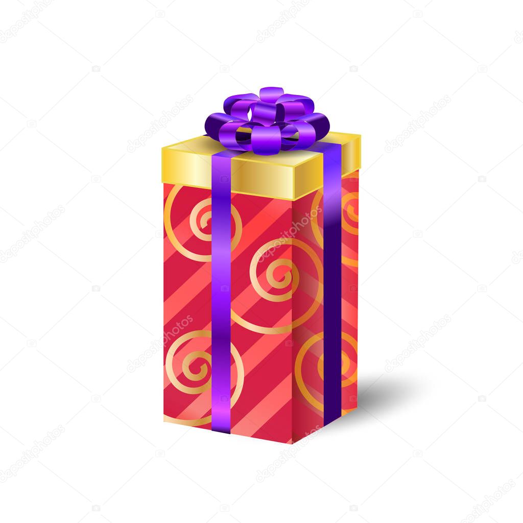 3d realistic gift box with bow and confetti isolated on white. For Holiday, birthday, Christmas, Valentine's Day celebration. Template Vector illustration.