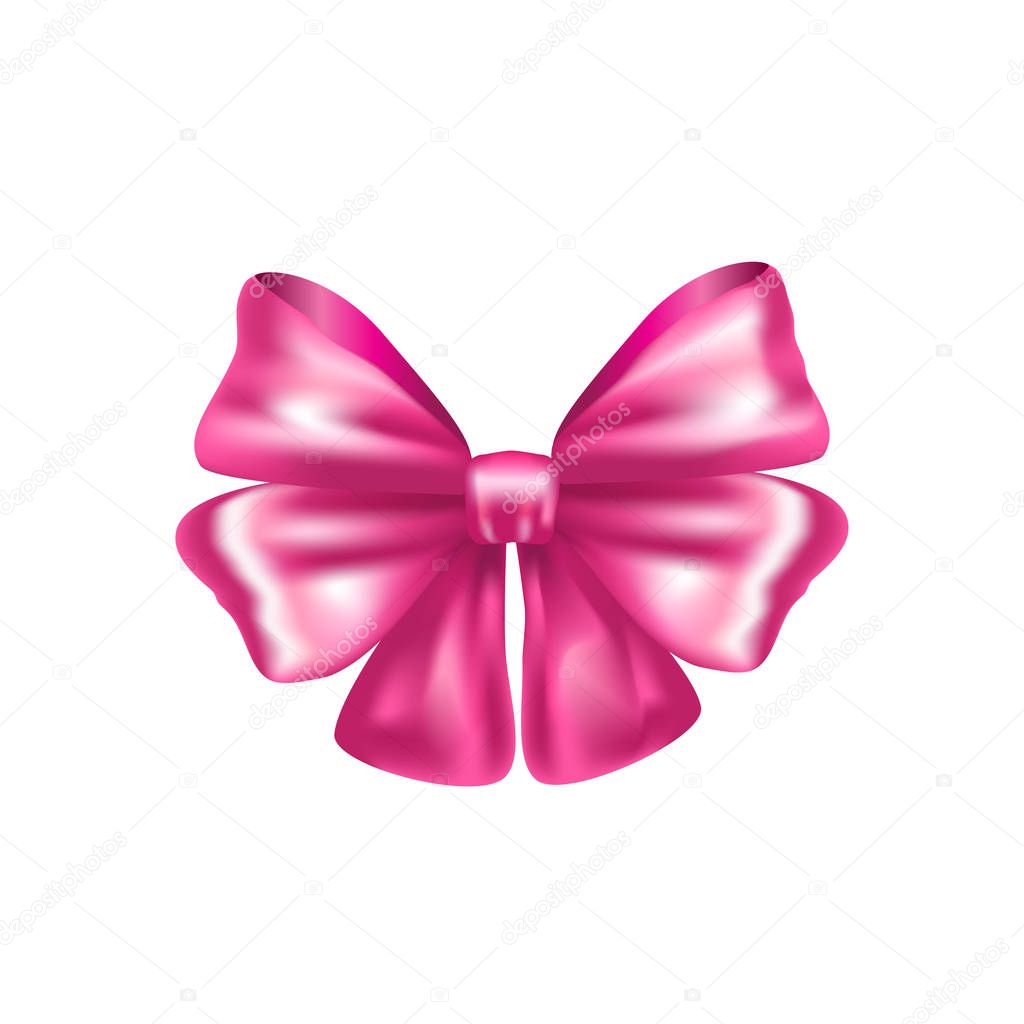 3D pink ribbon with bow with tails isolated on white background. Gift box decoration. Christmas, Birthday, Valentine's day, Sales, Decoration, accessories vector template.