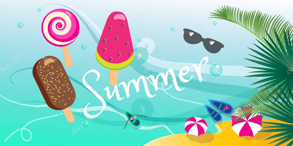 Summer sale banner. Summer tropical poster, ice cream, sea beach, sun, palm leaves beautiful background. Top view Vector illustration.Tasty colorful ice cream set. 