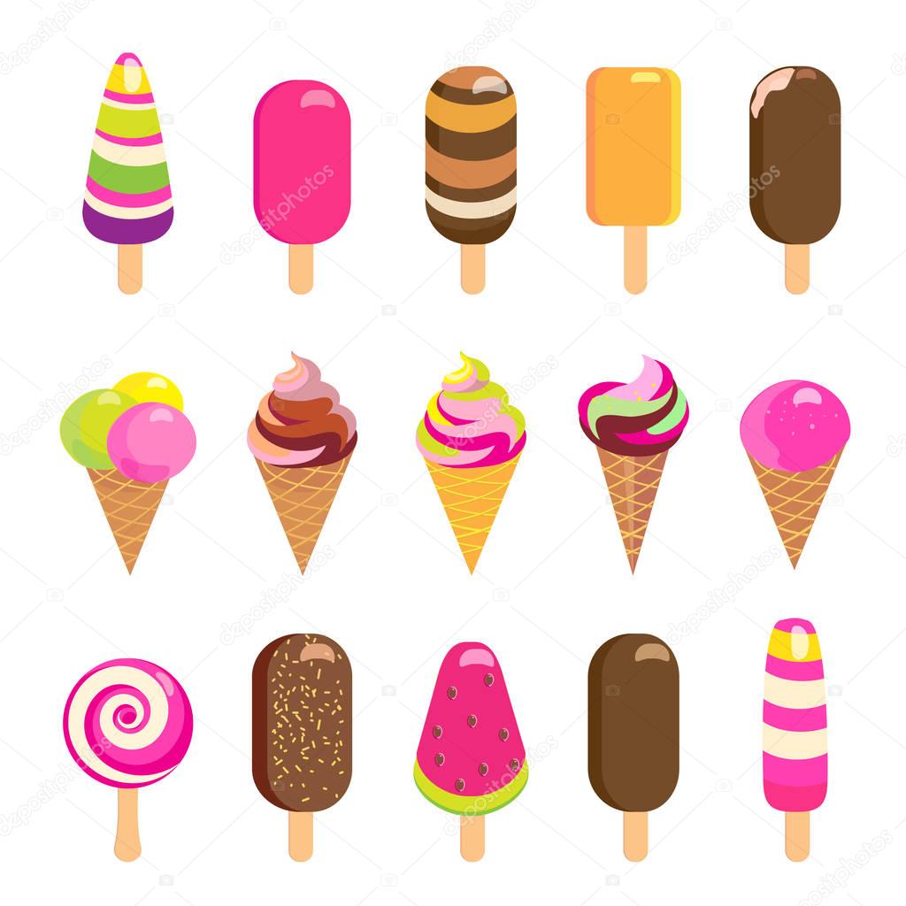 Tasty colorful ice cream set. Set of colorful tasty isolated ice cream. Vector icons ice cream cones and popsicle with different topping. Sweet dessert menu elements. Ice cream background