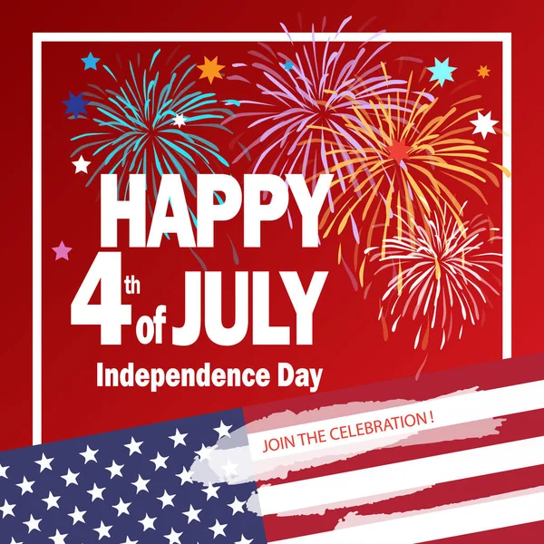 Joyeux 4 juillet affiche de fête de l'indépendance, carte de vœux. Félicitations lettrage, bannière pour célébrer les vacances américaines, Jour commémoratif, Fête du travail. Fond festif avec feux d'artifice en couleur drapeau américain. Modèle vectoriel . — Image vectorielle