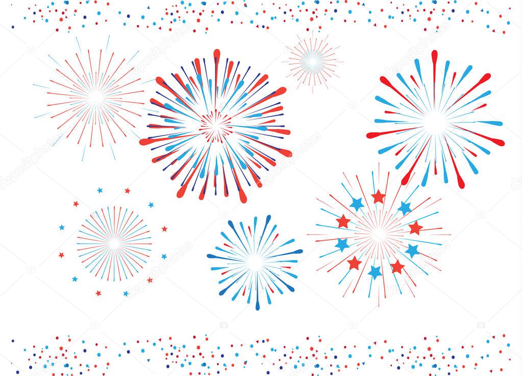 Patriotic Fireworks element on white background. Firework Isolated Vector illustration. Festive background. Holiday event festival music, night party, Christmas decoration. Red and Blue flag color border, patriotic frame.