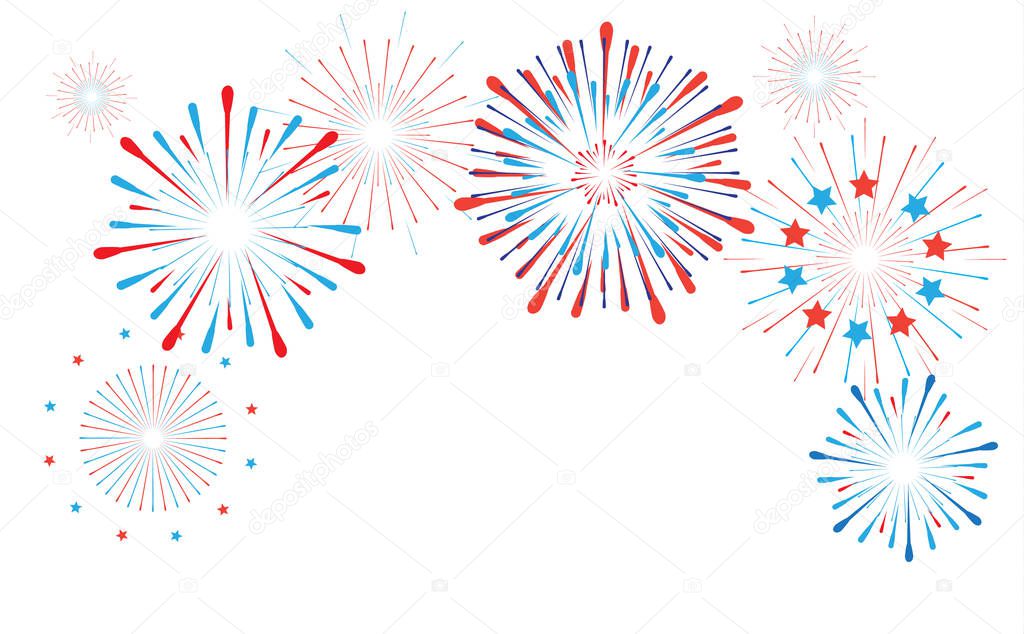 Patriotic Fireworks element on white background. Firework Isolated Vector illustration. Festive background. Holiday event festival music, night party, Christmas decoration. Red and Blue flag color border, patriotic frame.