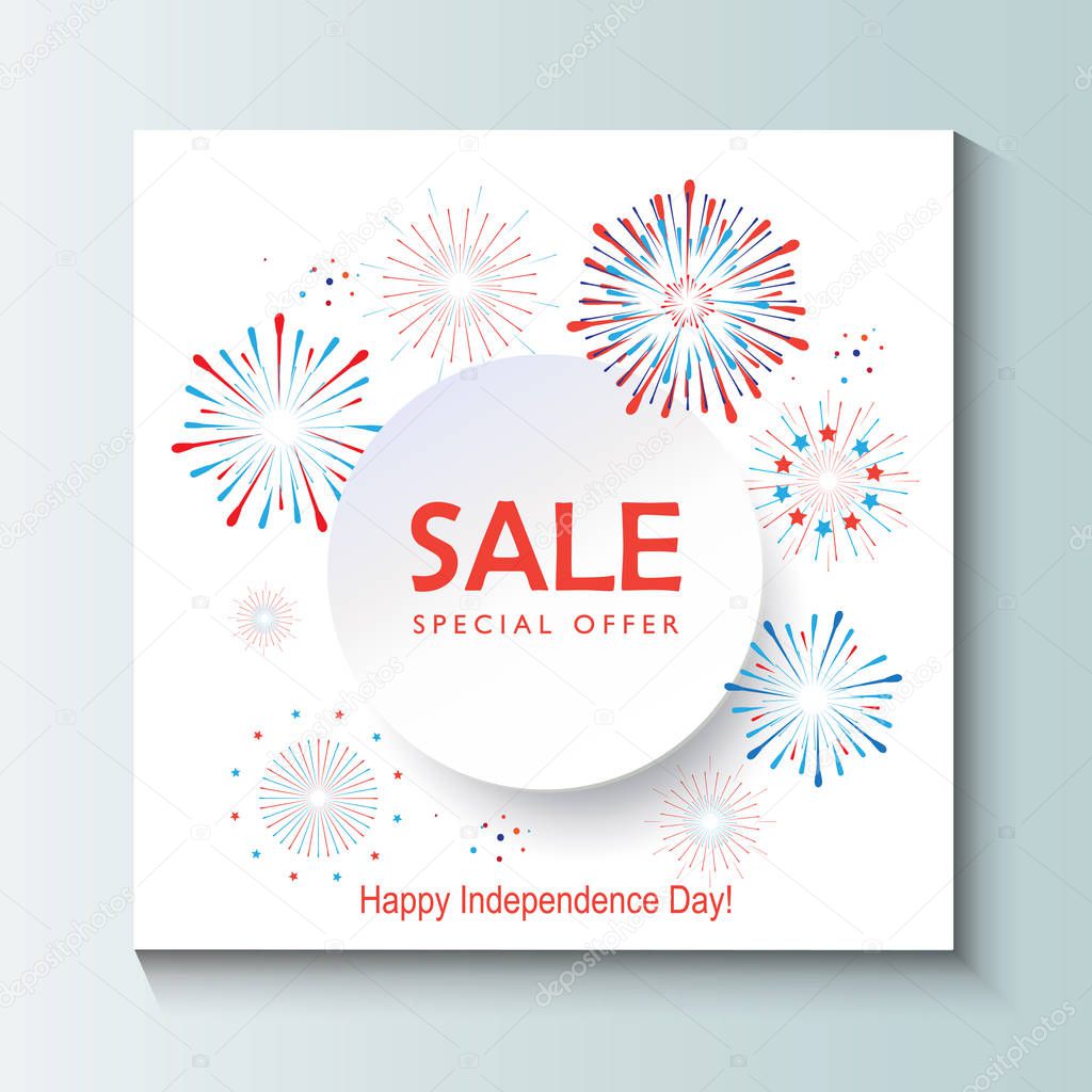 Sales special offer banner. Fireworks, stars, confetti banner background in national American flag colors. Round frame paper cut for text. Vector white paper. For celebrate Independence American Holiday, Memorial day, Labor Day