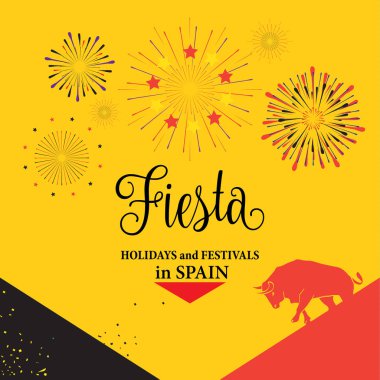 İspanya Fiesta veya festivaller soyut poster. İspanyolca San Fermin festivaller, duvar kağıdı. Bulls çalışan ünlü bu kutlama, Pamplona fiesta ana cazibe olduğunu. Vektör çizim. Havai fişek