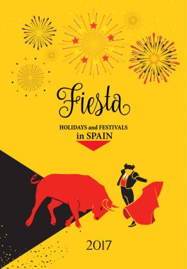 İspanya Fiesta veya festivaller soyut poster. İspanyolca San Fermin festivaller, duvar kağıdı. Bulls çalışan ünlü bu kutlama, Pamplona fiesta ana cazibe olduğunu. Vektör çizim. Havai fişek