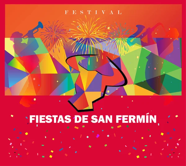스페인 축제 또는 축제 포스터를 추상화합니다. 스페인 산 Fermin 축제, 벽지입니다. 황소의 실행이 유명한 축 하, 팜 플로 나 축제에에서 주요 명소입니다. 벡터 일러스트입니다. 불꽃놀이 — 스톡 벡터
