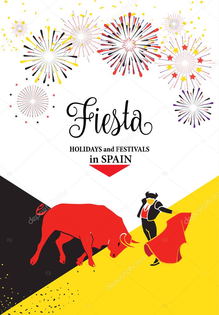 Spain fiestas or festivals abstract poster. Spanish San Fermin Festivals, wallpaper. The running of the bulls is the main attraction in this famous celebration, Pamplona fiesta. Vector illustration. Fireworks