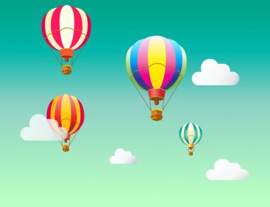 Hava balonları gökyüzü. Çizgi film düz tasarım, sıcak hava balon gökyüzünde bulutlar arka plan ile. Hava balonları, uçan. Balonlar grubu. Vektör çizim kitap, broşür, tebrik kartları, reklam, afiş, web sitesi tasarımı için.