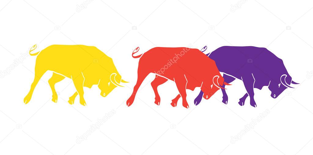 Bulls running isolated on white. Bull silhouette border. Spain fiestas or festivals decorative element. Spanish Festivals. 