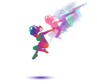 Kadın dansçı, güzel kadın dansçı siluet, beyaz arka plan üzerinde izole kız dansçı. Modern dans. Vektör çizim, çizim. Kadın atlama. Mutlu insanlar, atlamak. Fitness, spor, jimnastik, jimnastikçi kız, jimnastikçi kadın. Vektör disko kadın dans