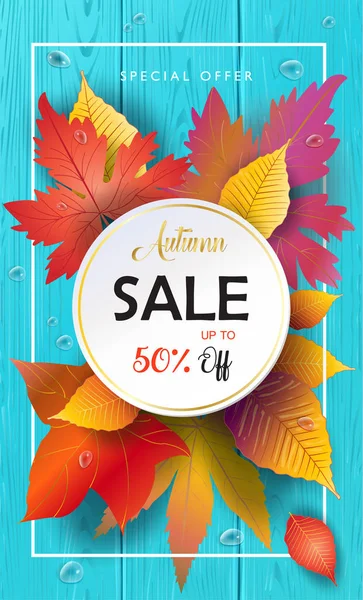 Sonbahar satış afiş, Güz satış vektör çizim. Gerçekçi çizim akçaağaç yaprakları, yaprak Güz, ahşap doku, su damlaları ile satış sezon fiş düşmek. Şükran tatil dekorasyon. Sonbaharda akçaağaç ağaç yaprak, yazı, ahşap doku. Sonbahar Satılık