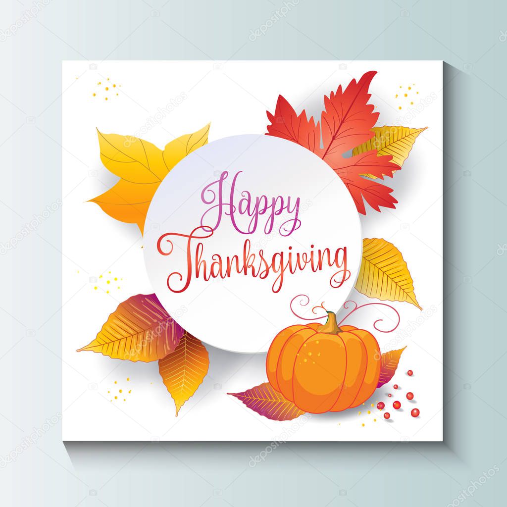 Happy Thanksgiving greeting card, gift card. Autumn Holiday decorative background with fall maple leaves, red, orange, yellow color Autumn leaf, copy space for text, white paper texture frame. Vector illustration for seasonal Holiday design.