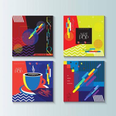 Pop Art broşür kapak modern tasarım, şablon, set. Fütüristik arka kapak, poster, duvar kağıdı, el ilanı. Sergi Kataloğu arka plan. Vektör. Soyut geometrik dinamik şekiller, çizgiler. Memphis tarzı. Logo kavramı düzen broşür kapsar
