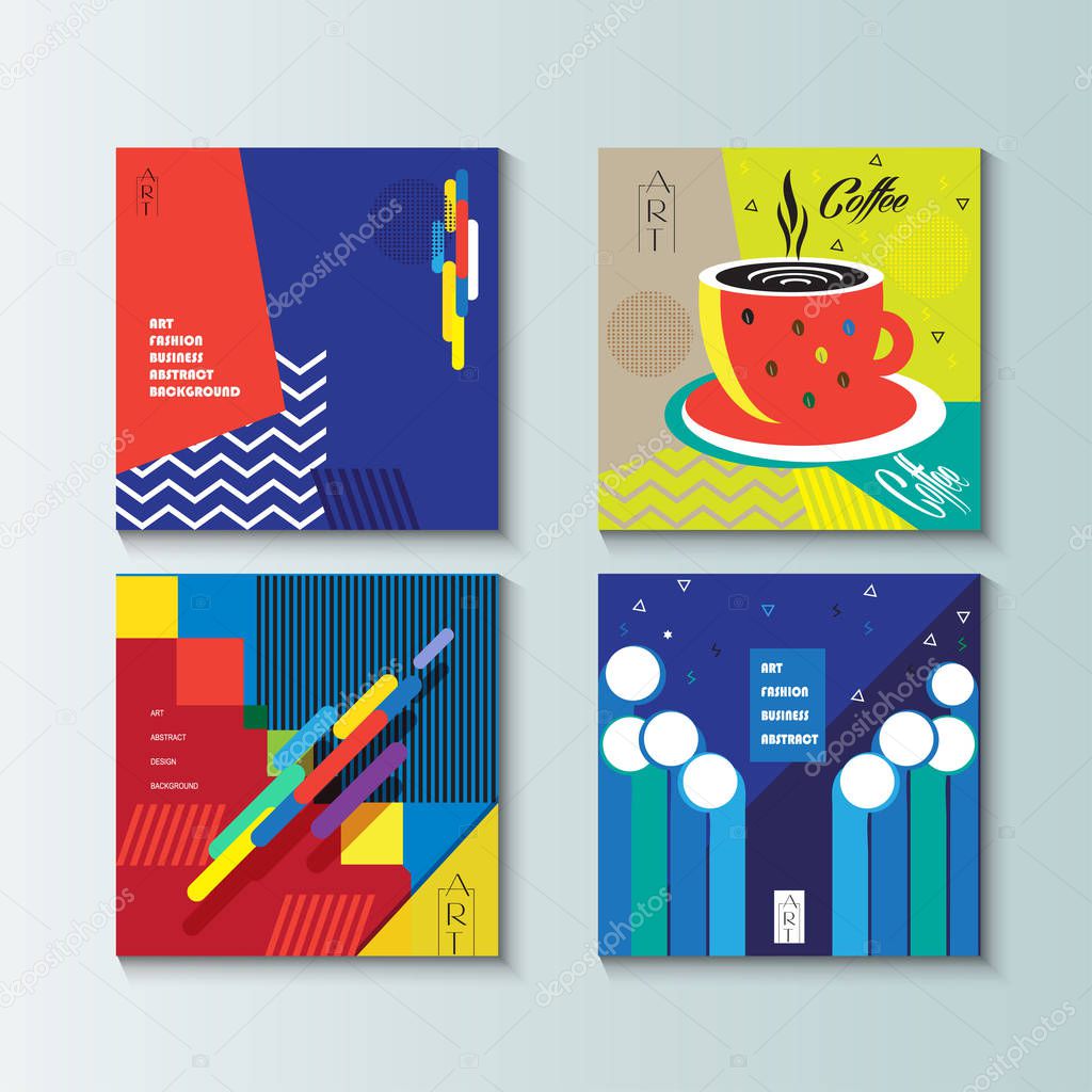 Pop Art brochure cover modern design, template, set. Futuristic abstract cover, poster, wallpaper, flyer. Exhibition catalog background. Vector. Abstract geometric dynamic shapes, lines. Memphis style. Graphic concept layout brochure covers logo