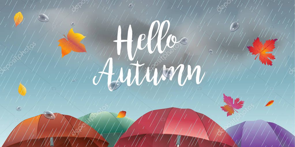 Rainy Day. Hello Autumn, rainy day landscape with fall leaves, umbrella, rain, sky with clouds. Autumn Rainy sky, weather, fall season, rain drops background vector illustration. Realistic drawing rainy day. Fabric, Print, Web