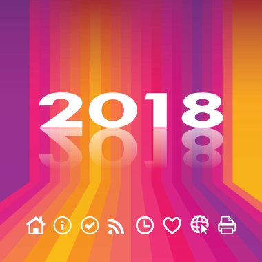 2018 logosuna soyut Modern çok renkli perspektif renk arka plan, rainbow çizgili doku, gün batımı rengi, kırmızı, dinamik şekilleri ile sosyal medya simge, kalp, ev, takipçisi, saat, konuşma kabarcıklar vektör çizim. Sanat, yazdırın. Web