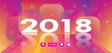 2018 logo tasarımı çok renkli arka plan, renk rainbow çizgili, takipçileri simgeler, gün batımı, dinamik perspektif vektör duvar kağıdı. Sosyal Medya Icons, konuşma balonları, başlık, web afiş, el ilanı, baskı, Web spor