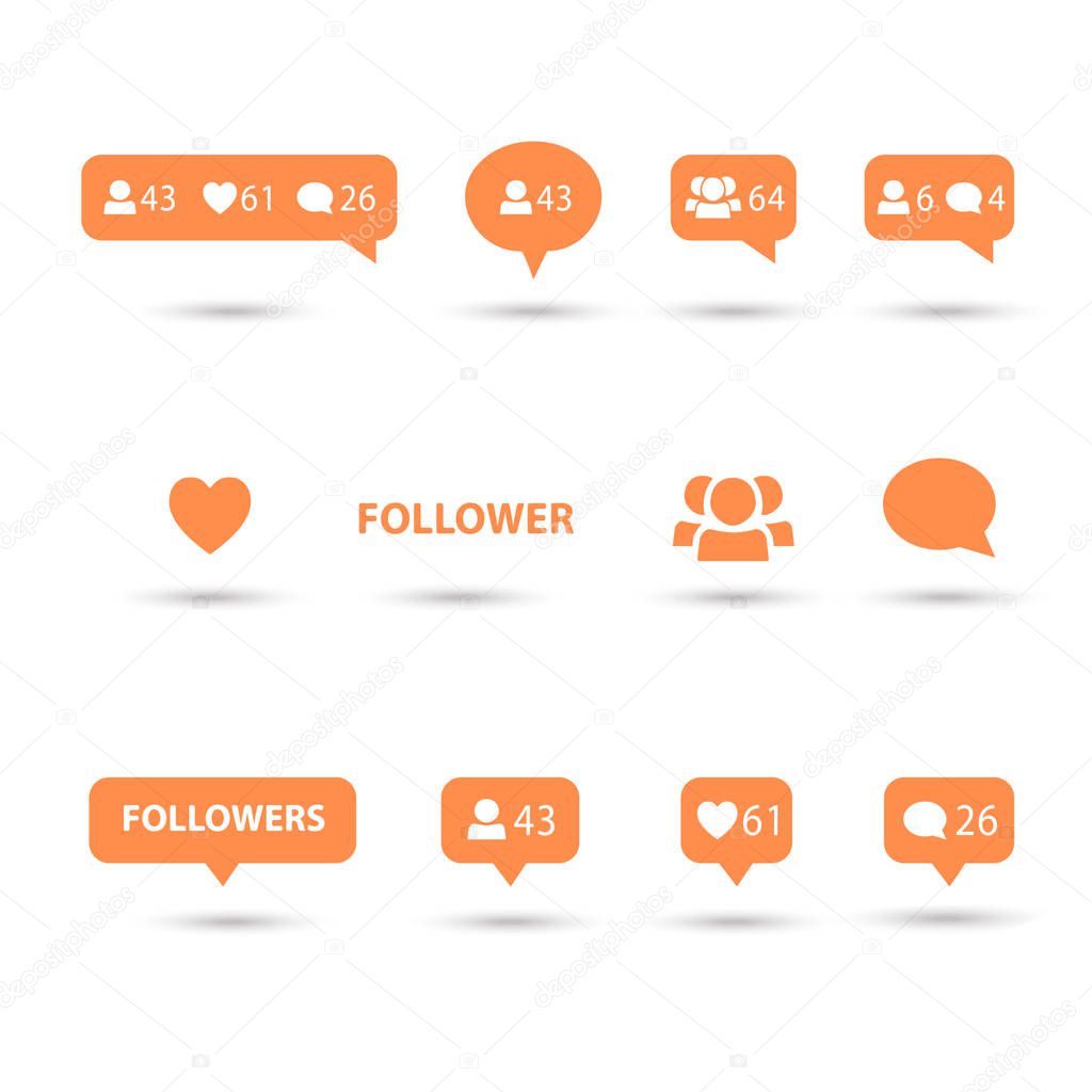 Set of Like, follower, comment icons, speech bubbles, followers icon orange color, isolated on white background with shadow. Logo line silhouette concept. Vector illustration. Social media element design.