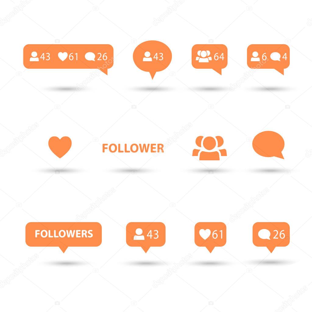 Like, follower, comment icons, speech bubbles, followers icon orange color, isolated on white background with shadow. Set of Logo orange silhouette concept group of people learning education music Vector illustration Social media element flat design