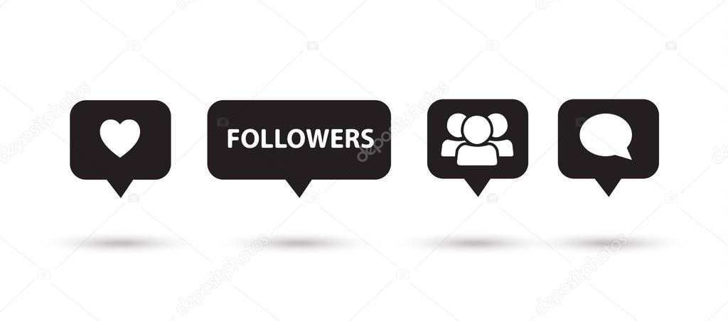 Like, follower, comment icons, speech bubbles, followers icon black, isolated on white background with shadow. Logo silhouette concept. Vector illustration. Social media element design.