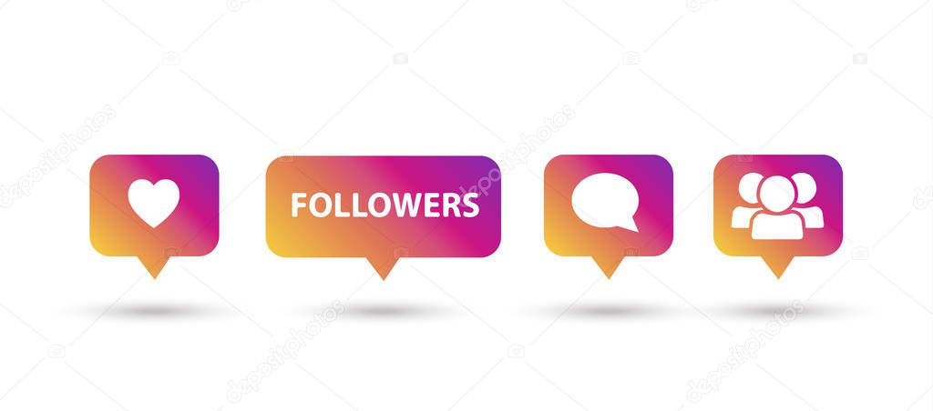 Like, follower, comment icons, speech bubbles, followers icon multicolored, isolated on white background with shadow. Logo sunset color gradient purple Instagram sports game online Social media element design Modern design Vector illustration 2024