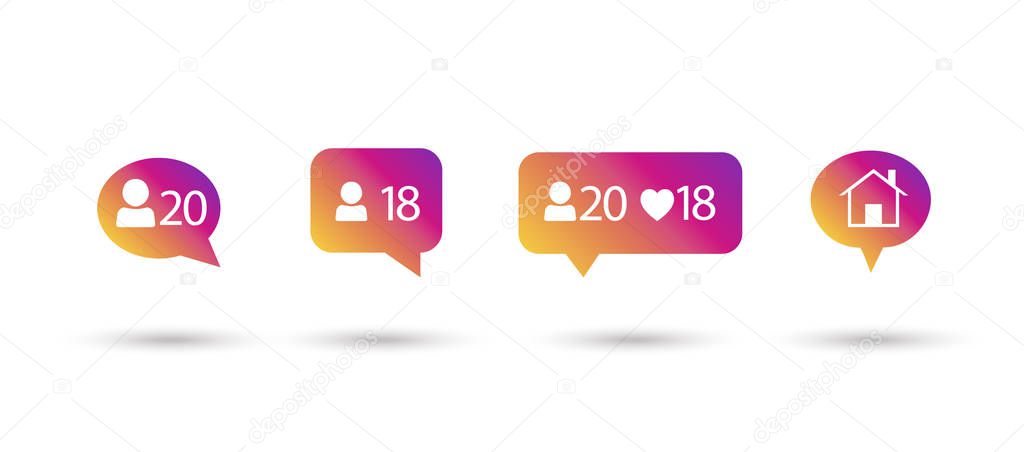 Like, follower, comment icons, speech bubbles, followers icon multicolored, isolated on white background with shadow. Logo sunset color gradient. Vector illustration. Social media element design.