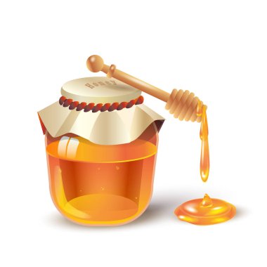 Bal kavanozu, izole arı tatlım gelen ahşap bal ayı'yı 3d gerçekçi küçük resim, vektör çizim reklam arıcılık bal dükkanı veya fırın için damlama. Sağlıklı gıda, tatlı tatlı, kozmetik, güzellik ürünü