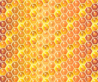 Tatlım, petek seamless modeli. Arı bal altın düşer. Arı peteği arka planında. Reklam arıcılık bal dükkanı veya fırın için vektör çizim çiçek tatlım. 3D gerçekçi petek tasarım sağlıklı gıda, tatlı tatlı veya kozmetik, güzellik.