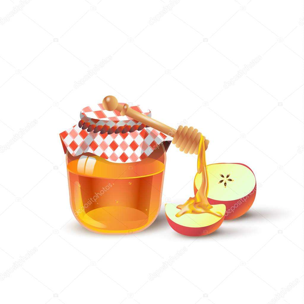 Honey jar, and apples, half apple. Bee Honey dripping from wooden honey dipper. Vector illustration for advertising beekeeping honey shop or bakery. Healthy food, sweet dessert, cosmetic, beauty product. Honey natural product. Honey clip art image.